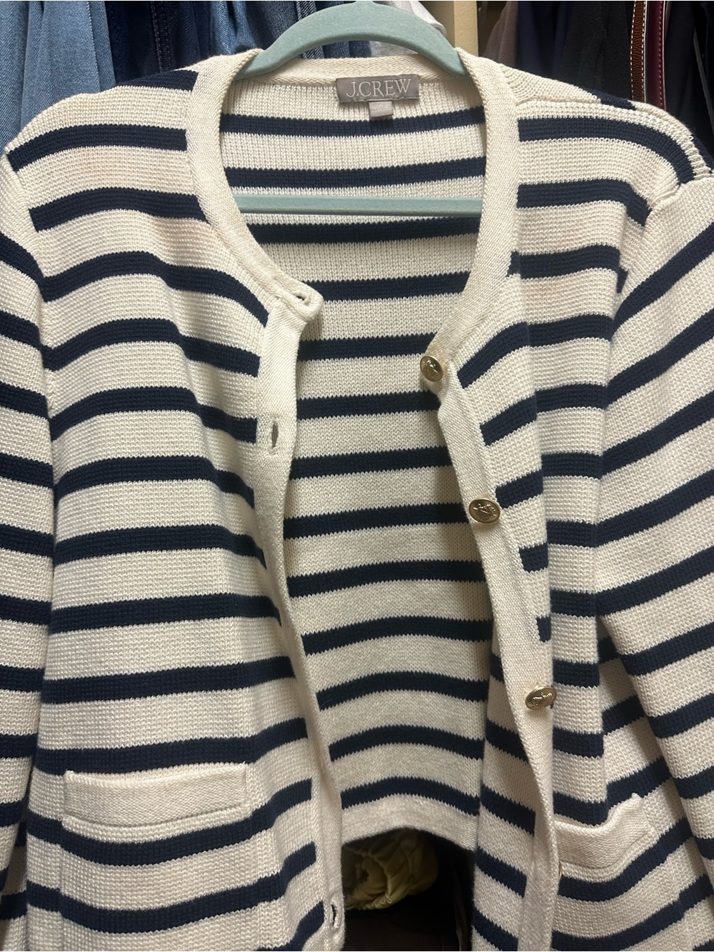 J. Crew Navy and Cream Striped Knit Cardigan